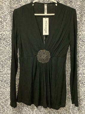 Mixage Black Long Sleeve V-Neck Top with Decorative Medallion
